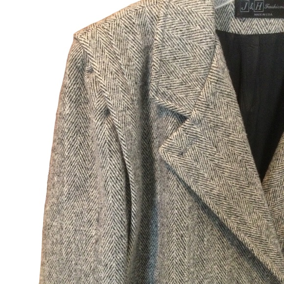 Vintage Black & White Herringbone Double Breasted Wool Overcoat Size 14 - Picture 7 of 16